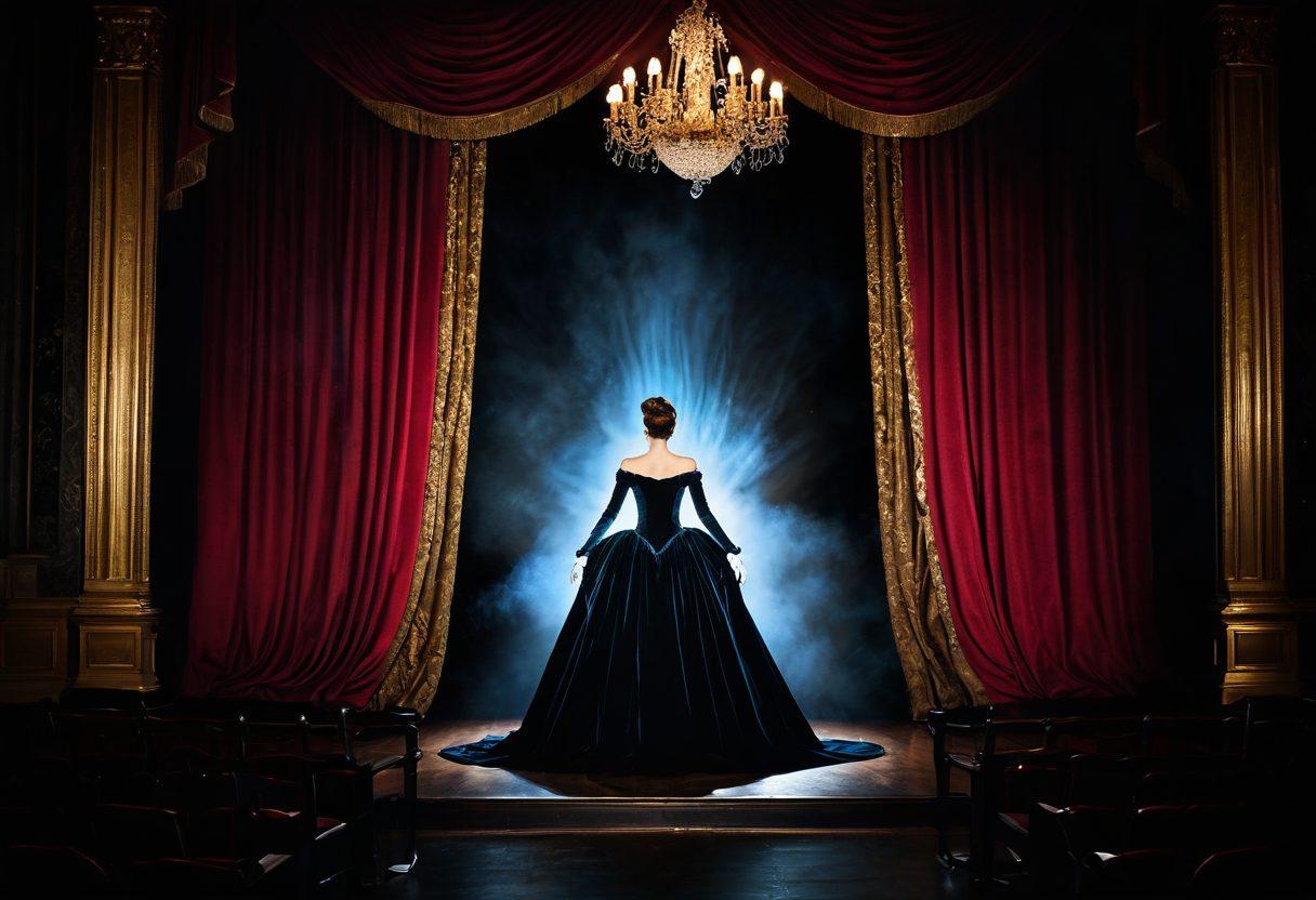 A captivating stage set in a dimly lit theater, showcasing a mesmerizing solo performer in mid-act, elegantly dressed in a dramatic costume. The audience is enchanted, illuminated by soft spotlighting and surrounded by opulent velvet curtains. Visual elements of allure and mystery, with hints of passion and charisma. The backdrop features elegant silhouettes of captivated spectators. painting. vibrant colors. atmospheric lighting.