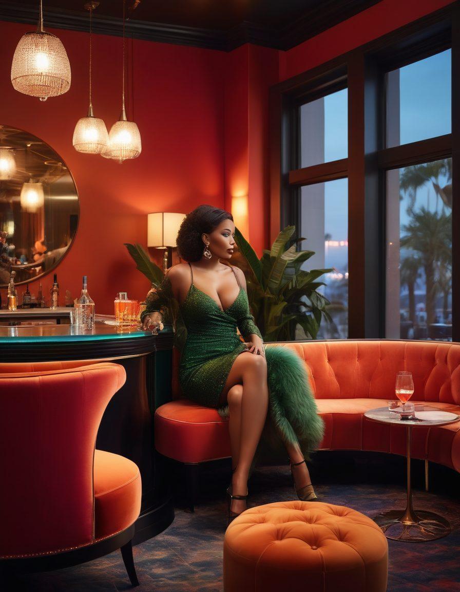 A captivating scene featuring a stylish lounge environment with confident, busty singles engaging in conversation, showcasing diversity in ethnicity and style. The ambiance should be lively, with warm lighting and soft music notes in the background. Include elements like a cocktail bar and chic furniture to suggest luxury. Emphasize fashion and allure with bold colors and stylish outfits. vibrant colors. super-realistic.